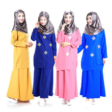 Load image into Gallery viewer, Women Elegant Abaya Muslim Set Mid-waist Hot Stamping Long Sleeve Solid Color Loosen Dress Round Neck 2pcs Islam Women T6