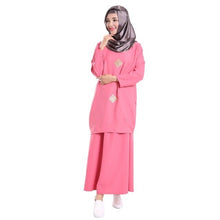 Load image into Gallery viewer, Women Elegant Abaya Muslim Set Mid-waist Hot Stamping Long Sleeve Solid Color Loosen Dress Round Neck 2pcs Islam Women T6